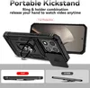 A black phone case with a kickstand and camera cover is shown from an angle, with a phone inside it. Below are two comparison shots of the case. Produktbild-Vorschau