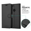 A black leather phone case is shown open, with a close-up inset of the magnetic closure mechanism. Text describes the magnetic lock closure feature. Náhled obrázku produktu