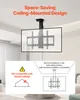A ceiling-mounted TV mount is shown installed in a room, with diagrams illustrating installation requirements and compatibility. Produktbild-Vorschau