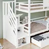 A close-up view of a white bunk bed with stairs and storage drawers, featuring two teddy bears on the lower bunk. Náhled obrázku produktu