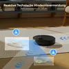 A robotic vacuum cleaner is shown on a rug, with visual indicators highlighting its obstacle avoidance capabilities. Produktbild-Vorschau