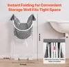 A laundry hamper is shown against a white wall next to a bathtub. The image also includes a close-up of the folded hamper. Produktbild-Vorschau
