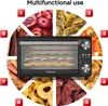 A TurboTronic dehydrator is shown in the center, surrounded by a circular collage of various dried fruits and meats, each numbered with a red square. Produktbild-Vorschau