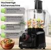 A black food processor filled with chopped vegetables, with descriptive text boxes on the left and a bowl of chopped vegetables in the foreground. Produktbild-Vorschau