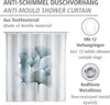 A shower curtain with a Ginkgo leaf pattern, displayed with text describing its features and included accessories. Produktbild-Vorschau