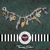 A Thomas Sabo charm bracelet with various charms displayed on a textured green background, with a black and white striped band and logo at the bottom. Náhled obrázku produktu