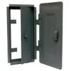 Two grey metal chimney doors are shown, one open and one closed, against a white background. Produktbild-Vorschau