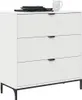 A white sideboard with three drawers and black handles, set against a white background. A stack of plates and a pitcher are on top of the sideboard. Náhled obrázku produktu