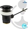 A black sink drain assembly with a pop-up stopper and overflow mechanism, presented against a light gray and white background with graphic elements. Produktbild-Vorschau