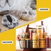 A split image showing a 'before' and 'after' comparison of kitchen storage. The top 'before' section shows food items in plastic bags on a wooden counter. The bottom 'after' section shows the same food items neatly organized in glass jars with wooden lids, Produktbild-Vorschau
