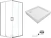A shower enclosure, shower tray, and drain are displayed against a white background. Produktbild-Vorschau