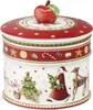 A round ceramic cookie jar with a Christmas theme, featuring Santa Claus, a reindeer, and a Christmas tree. Anteprima dell’immagine prodotto