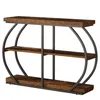 A three-tiered console table with a rustic brown wood finish and a curved metal frame. Podgląd zdjęcia produktu