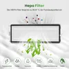 A HEPA filter for a robot vacuum cleaner is shown, with graphics illustrating its filtering capabilities and the types of particles it captures. Produktbild-Vorschau
