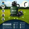 A green sand filter system for a swimming pool is shown on a grassy surface, with various measurements and color options indicated. Voir les images du produit