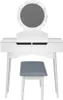 A white vanity table with a round mirror surrounded by lights and a gray stool. Náhled obrázku produktu