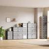 A room with a modular shoe storage unit against a wall, with a plant and a small shelf with decorative items. Voir les images du produit