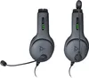 Two views of a gray gaming headset with a black microphone and green indicator lights. Produktbild-Vorschau