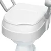 A close-up, angled view of a white toilet seat riser with gray armrests. Produktbild-Vorschau