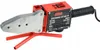 A red and gray plastic pipe welding machine with a black handle and a metal welding head, resting on a red stand. The machine has a label with technical specifications and a brand logo. Náhľad obrázku produktu