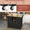 A kitchen island cart with a wooden countertop and black cabinets, shown in a kitchen setting with other appliances in the background. The image also includes close-ups of the wheels and text highlighting product features. Voir les images du produit