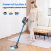 A woman is using a cordless vacuum cleaner in a living room. Produktbild-Vorschau