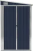 A front view of a dark blue metal shed with silver trim and double doors. Produktbild-Vorschau