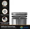 A close-up view of a stainless steel trash can with its lid and inner rings detached, alongside marketing callouts for its features. Anteprima dell’immagine prodotto