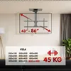 A ceiling TV mount is shown installed with a TV attached, along with a table listing VESA mount sizes and a weight capacity. Náhľad obrázku produktu