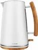 A white electric kettle with a wooden handle and base, shown from a side-diagonal angle. Produktbild-Vorschau