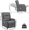 A collage of images showing a gray massage recliner chair with dimensions labeled. Anteprima dell’immagine prodotto