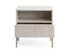 A modern, minimalist nightstand with a fluted drawer front and open shelf, presented against a clean white background. Produktbild-Vorschau