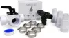 A set of plumbing components for a bypass system, including a valve, connectors, and clamps, laid out on a white background. Produktbild-Vorschau