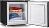 A small black freezer with its door open, showing frozen food inside. Voir les images du produit