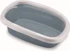 A close-up, slightly angled view of a gray and white cat litter box against a white background. Produktbild-Vorschau