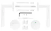 A flat lay of door handle components and hardware, including screws, an Allen wrench, and two rosettes. Produktbild-Vorschau