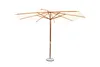A beige patio umbrella with a wooden frame and base, shown against a white background. Produktbild-Vorschau