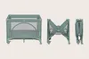 A travel crib is shown in three different states: fully assembled, partially folded, and fully folded. Náhľad obrázku produktu