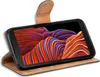 A smartphone in a brown flip case, displayed at an angle. Produktbild-Vorschau