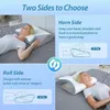 A collage of images showing a pillow with two different sides and how it supports the neck and head. Produktbild-Vorschau
