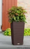 A tall, brown, woven-textured planter with a lush green and red-leafed plant sits on a gray concrete surface in front of a brown door and green foliage. Náhled obrázku produktu