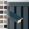 A collage of different colored samples of acoustic panels and a close-up of a blue trim piece. Produktbild-Vorschau