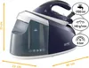A product shot of a steam ironing station with measurement indicators and feature callouts. Produktbild-Vorschau
