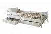 A white children's bed with two drawers, a pillow, and a teddy bear. Produktbild-Vorschau