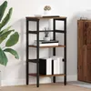 A four-tier bookshelf with a wood-look finish and black metal frame, placed against a white wall. It is decorated with books and a small plant. Podgląd zdjęcia produktu