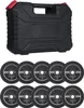 A black carrying case with red accents sits above a collection of circular cutting discs, all on a white background. Náhled obrázku produktu