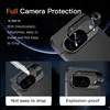 A marketing image showing a phone camera lens protector with text highlighting its features. Produktbild-Vorschau