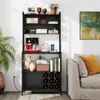 A modern kitchen or living area featuring a black shelving unit with various items, including a coffee machine, books, wine bottles, and decorative objects, next to a sofa. Podgląd zdjęcia produktu