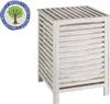 A white wooden slatted laundry bin with a circular logo on the left. Produktbild-Vorschau