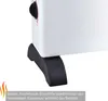 Close-up of the base of a white heater with black feet, showing text overlay. Produktbild-Vorschau